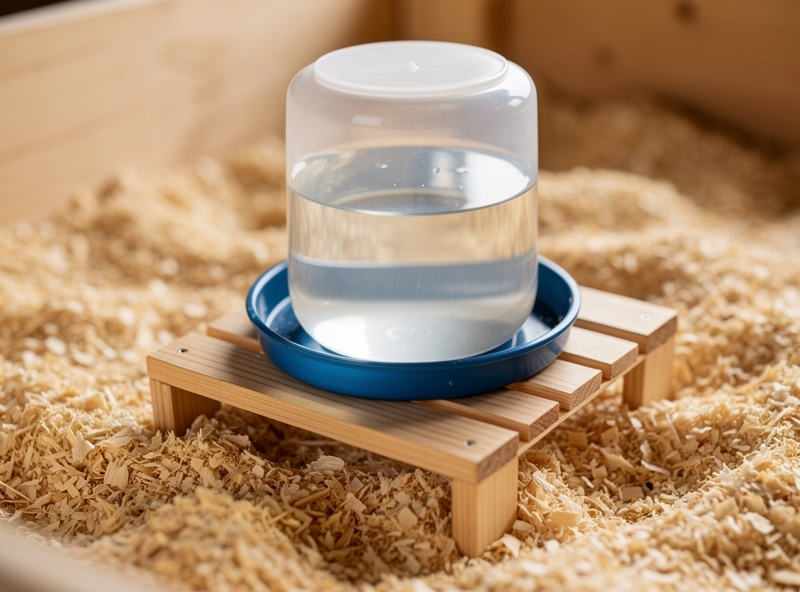 A clean brooder waterer raised on a platform to keep bedding dry