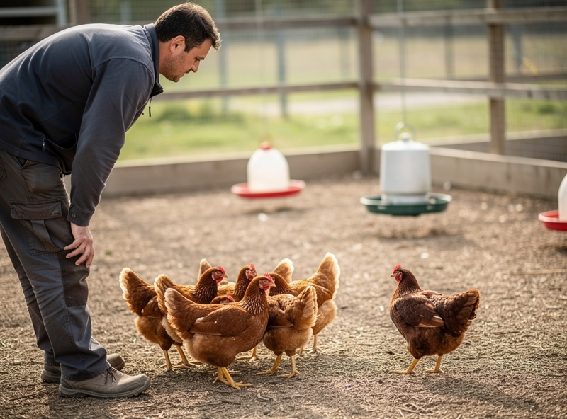 A keeper observing young pullets in a run, one standing hunched and fluffed apart from the others