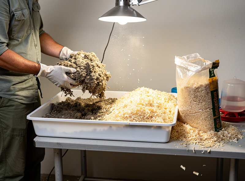 A keeper replacing damp brooder bedding with fresh dry pine shavings