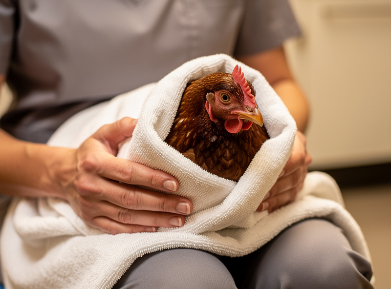 A keeper gently restraining a calm hen wrapped in a towel for examination