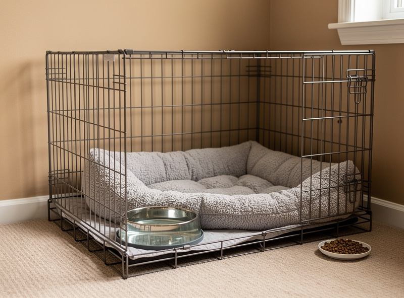A clean wire dog crate set up as a warm recovery pen with bedding, waterer and feed