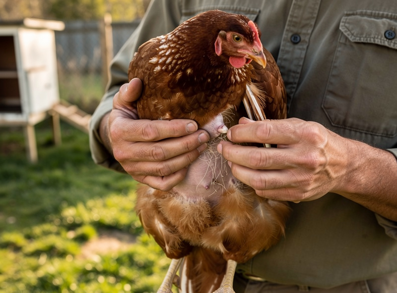 Backyard keeper parting a hen's feathers to inspect skin condition during a routine health check
