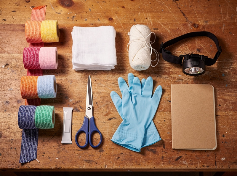 Overhead flat-lay of basic chicken first-aid and husbandry supplies on a workbench