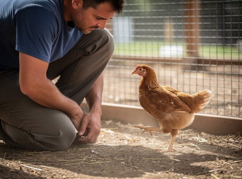 A keeper attentively observing a young pullet that is reluctant to stand, watching its legs and posture
