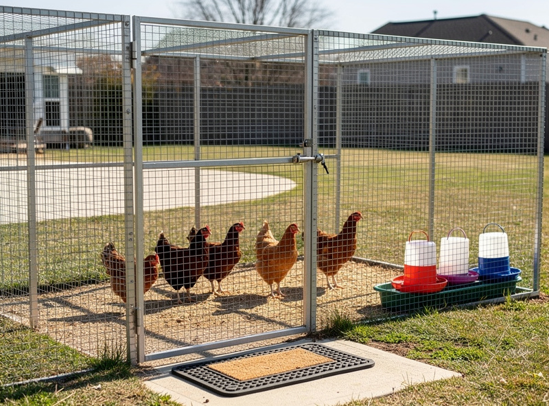 A clean closed-flock setup with healthy young birds behind hardware-cloth fencing