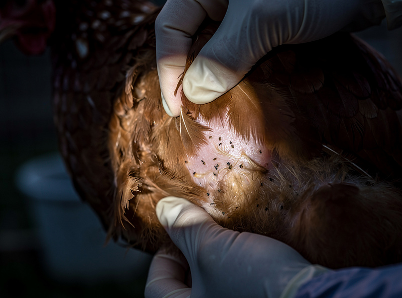 A keeper inspecting the vent feathers of a hen under a headlamp for mites and lice