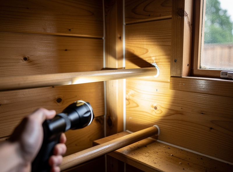 A keeper inspecting roost bars and coop corners with a flashlight for red mites