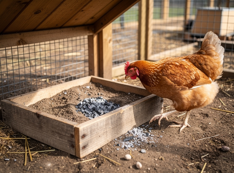 A dedicated dust-bath box filled with dry soil and wood ash in a chicken run