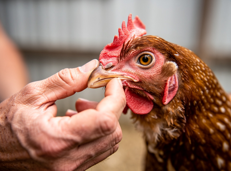 A keeper gently examining a hen's face and nostrils, checking for clear breathing