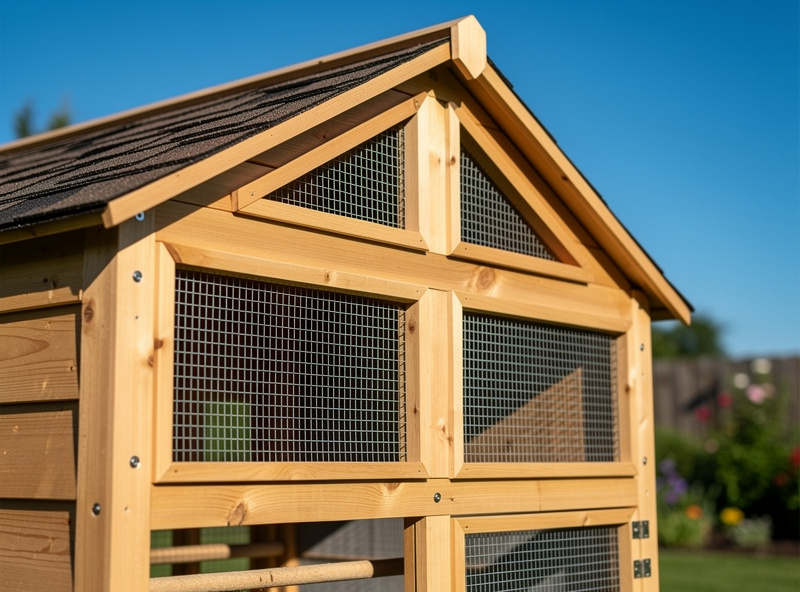 High mesh-covered ventilation openings near a coop roof, positioned above the roost