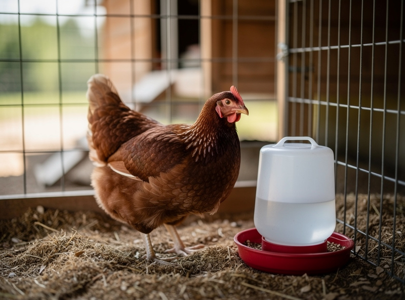 A newly arrived hen isolated in a clean separate pen for observation