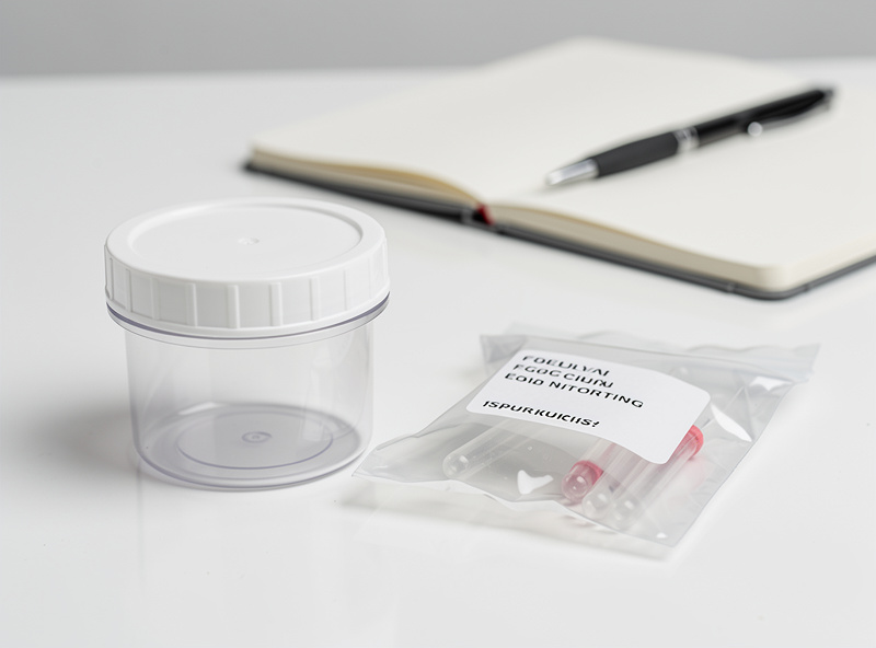 A clean sample container and labeled bag prepared for a veterinary fecal egg count test
