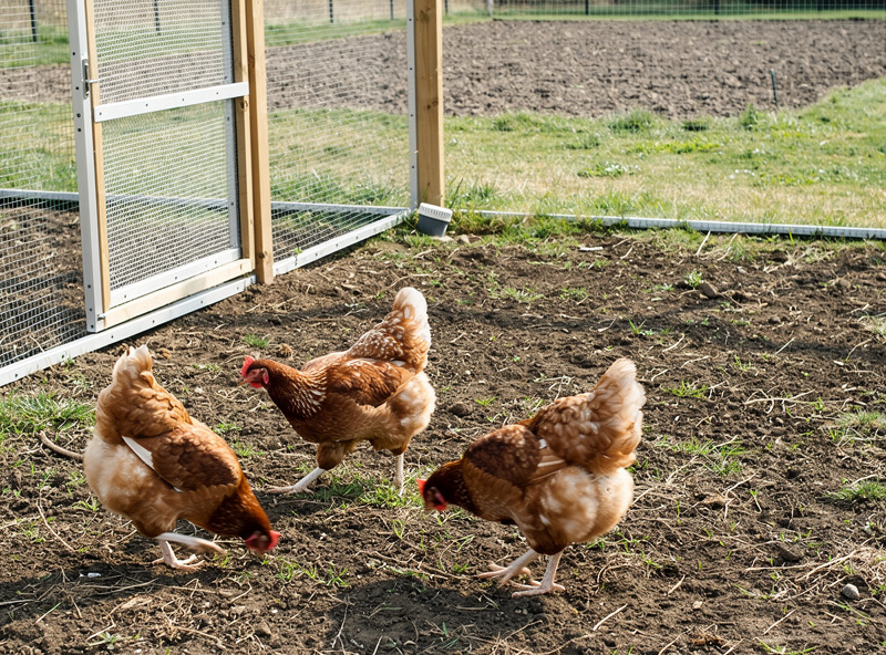 A dry, well-drained chicken run with hens scratching on clean ground