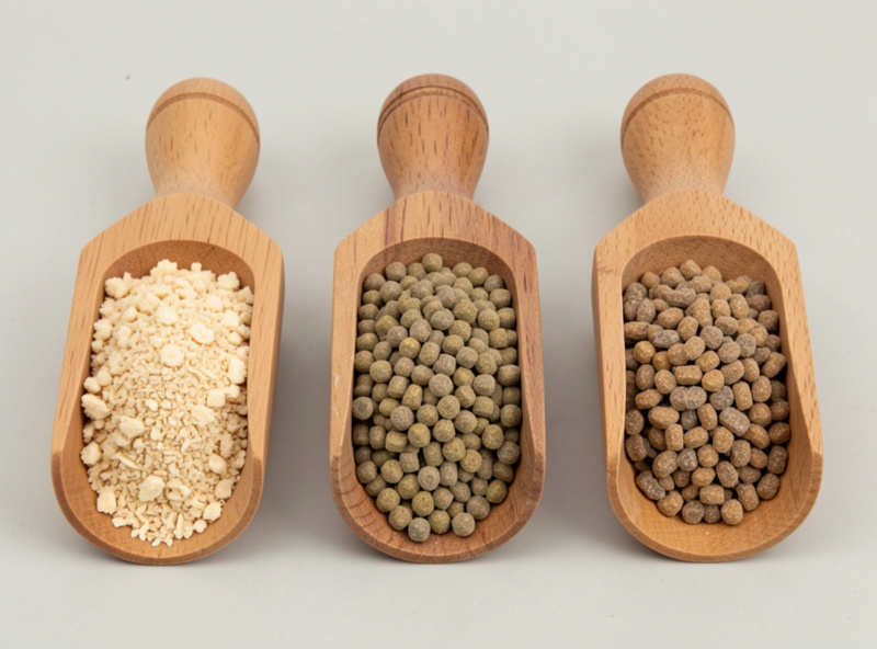 Three feed types in scoops: fine starter crumble, coarser grower pellets, and layer pellets showing texture differences