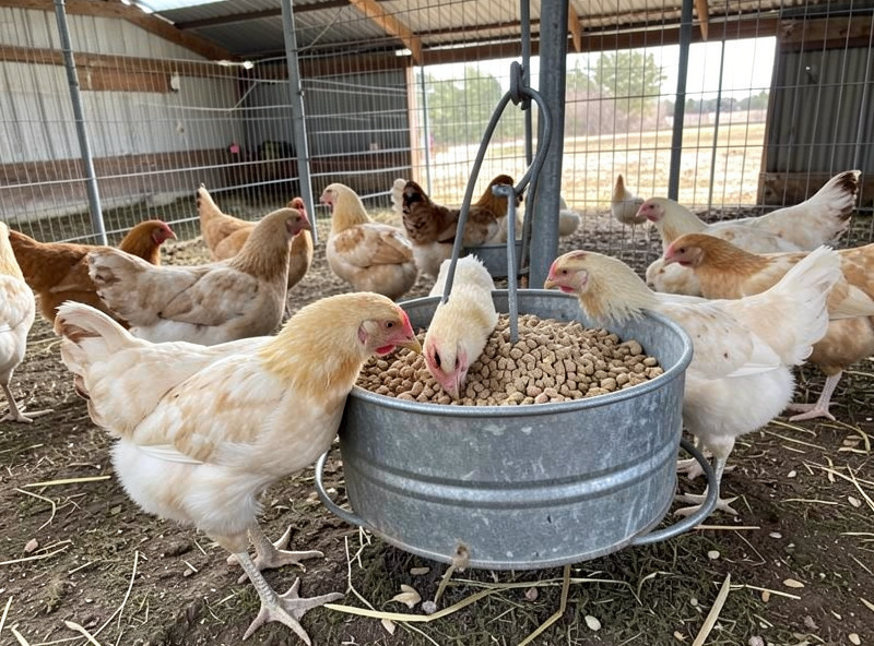 Growing pullets eating grower feed from a galvanized feeder in a grow-out pen