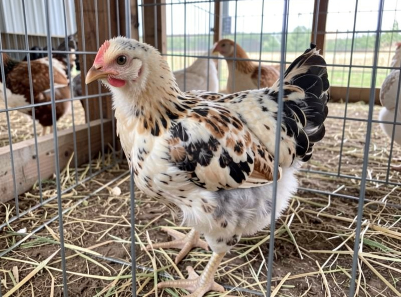 A four-week-old chicken in the awkward teenage stage with patchy feathers replacing down