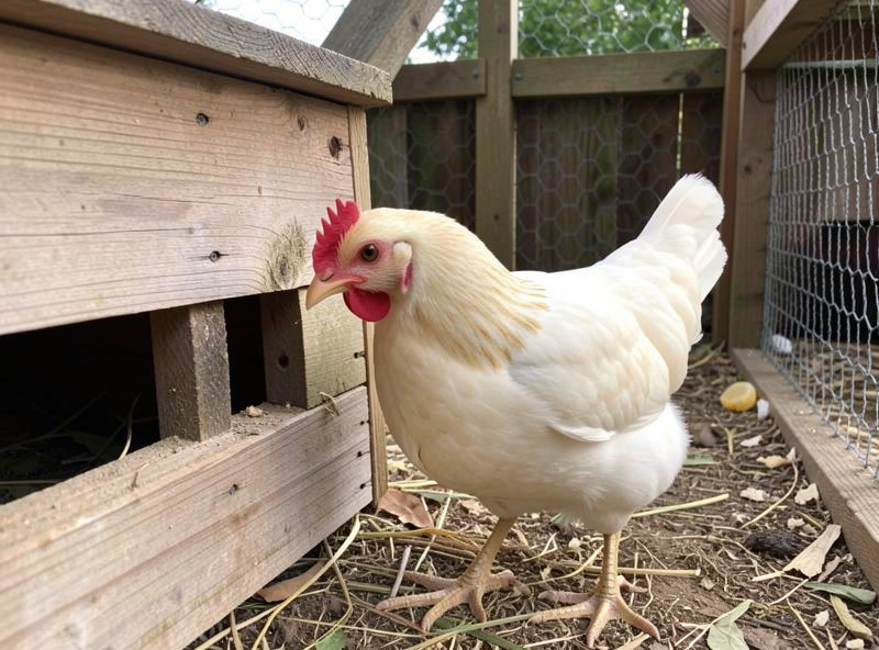 A young point-of-lay pullet with a deep red comb investigating a nesting box