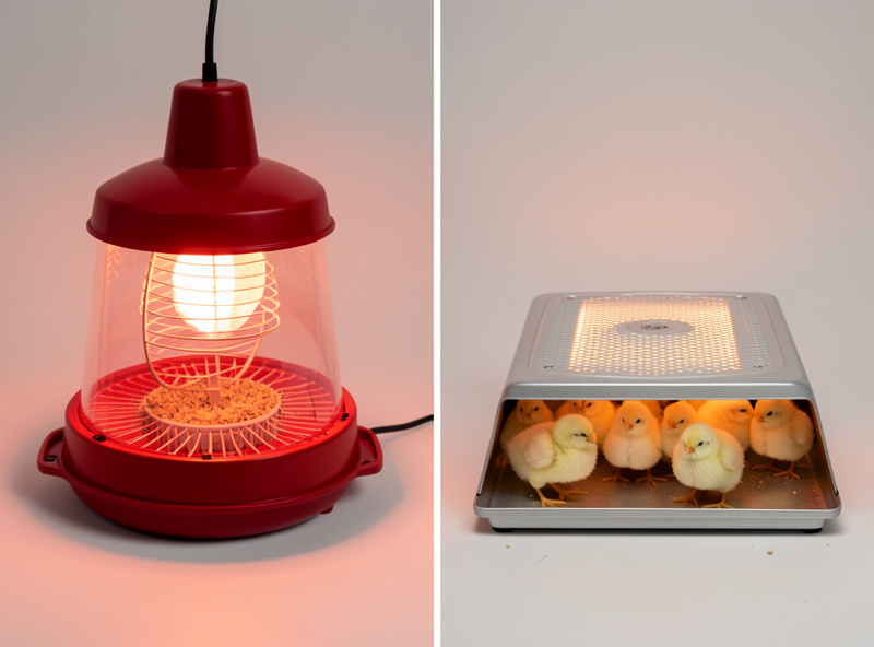 Side-by-side comparison of a red heat lamp over a brooder and a cool flat radiant heat plate, chicks under each