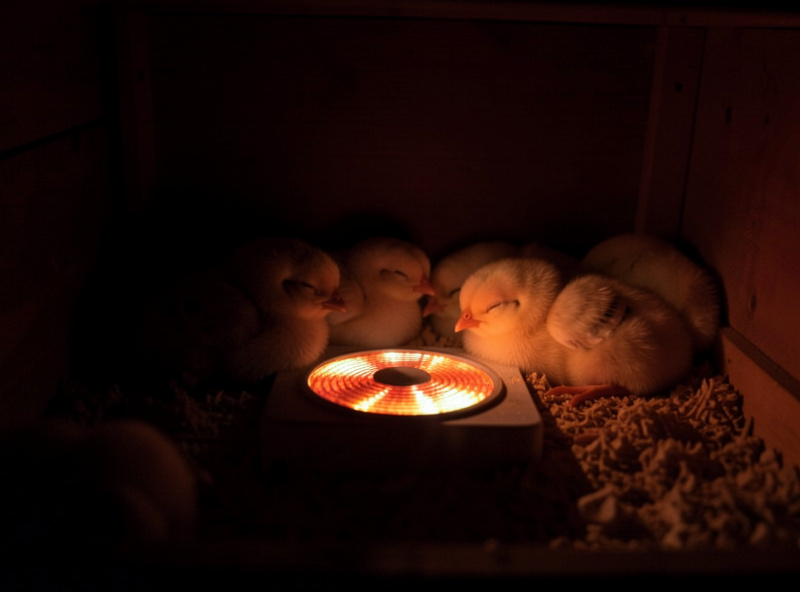 Chicks sleeping peacefully in a dark brooder warmed by a radiant heat plate that gives off no light