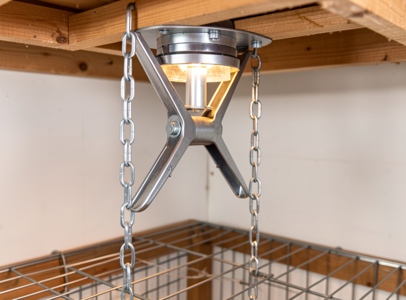Close-up of a heat lamp secured with a clamp and two safety chains to a wooden frame above a brooder
