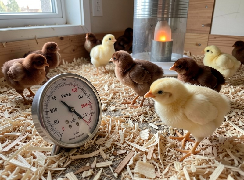 Brooder thermometer on pine shavings with chicks spreading out comfortably between the heat source and the cool end
