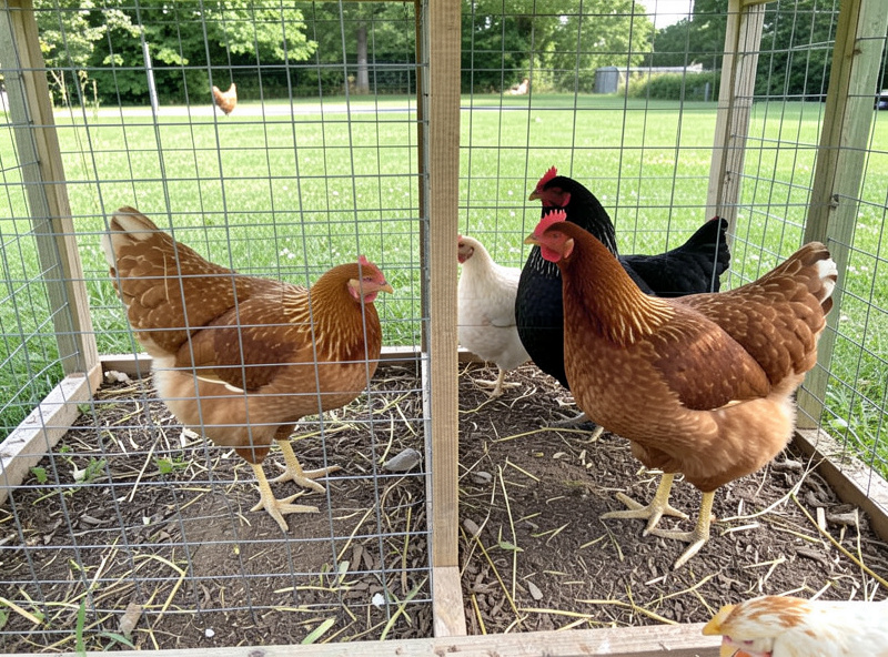 Young pullets and adult hens separated by a hardware-cloth panel in a coop run for see-but-don't-touch integration