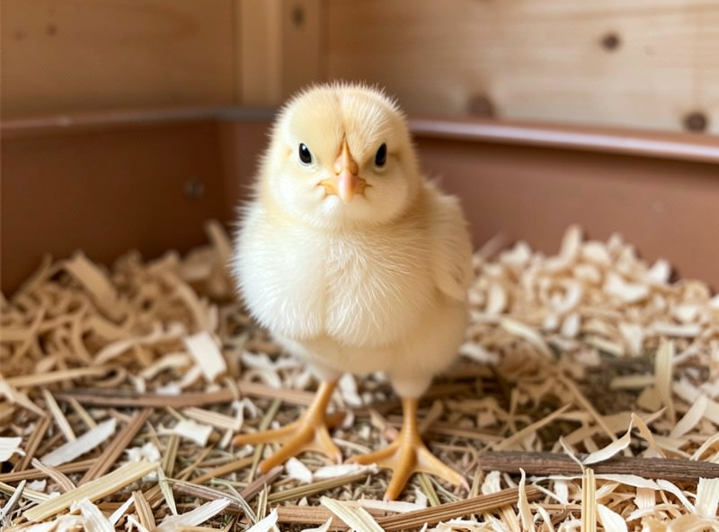A healthy alert chick standing bright-eyed on clean pine shavings in a warm brooder