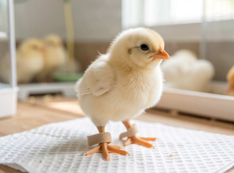 A chick on a non-slip surface receiving gentle supportive care for a leg issue