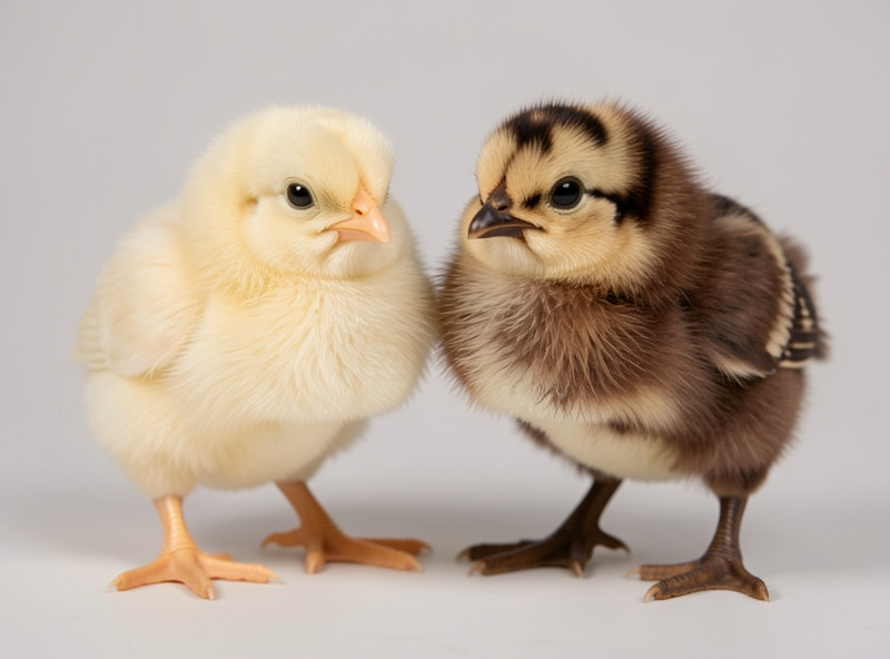 Two day-old chicks side by side with different down colours, one pale and one with darker markings and a head spot