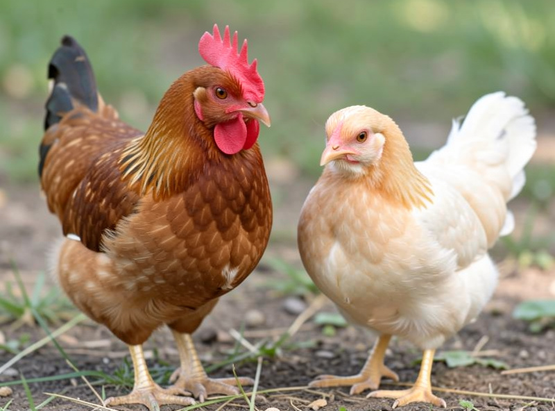 A young cockerel with a larger redder comb beside a pullet with a smaller comb at about ten weeks old