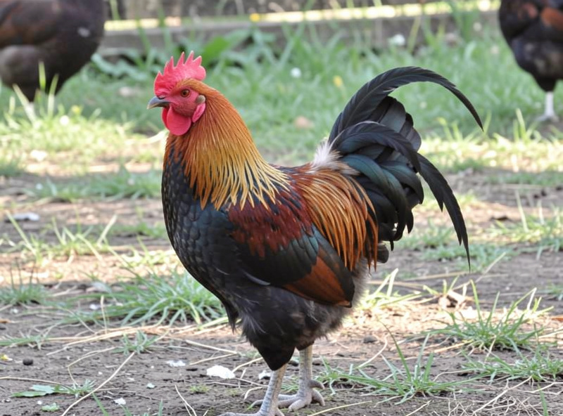 A teenage cockerel showing pointed saddle and hackle feathers and an upright stance