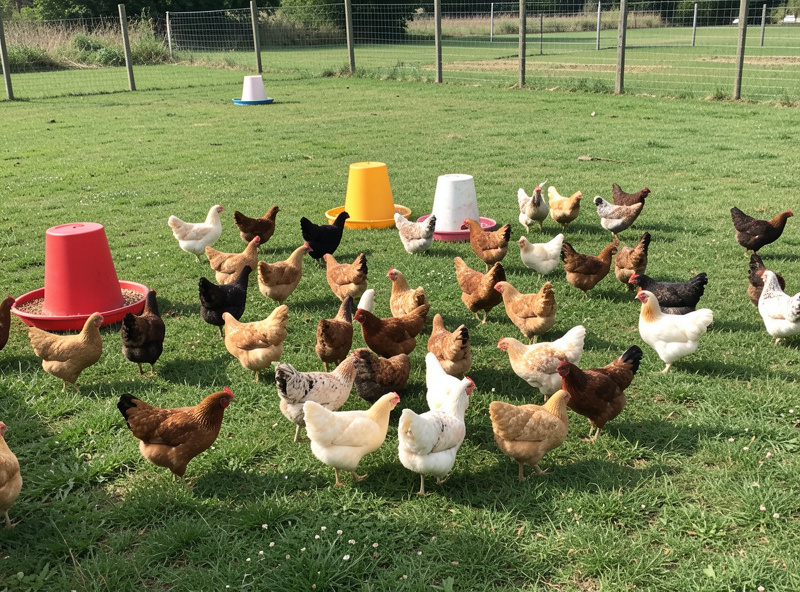 A mixed-age flock free-ranging calmly in a spacious grassy run with multiple feeders