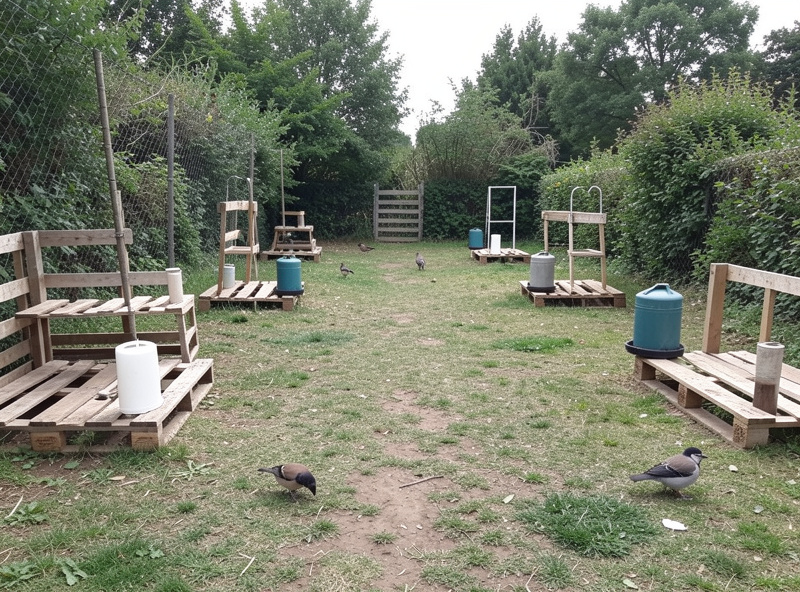 A run with feeding stations spread far apart and visual barriers like pallets so lower-ranked birds can escape