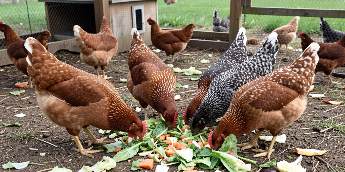 Backyard chickens eating safe vegetable treats within the ten percent rule