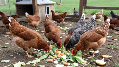 Backyard chickens eating safe vegetable treats within the ten percent rule