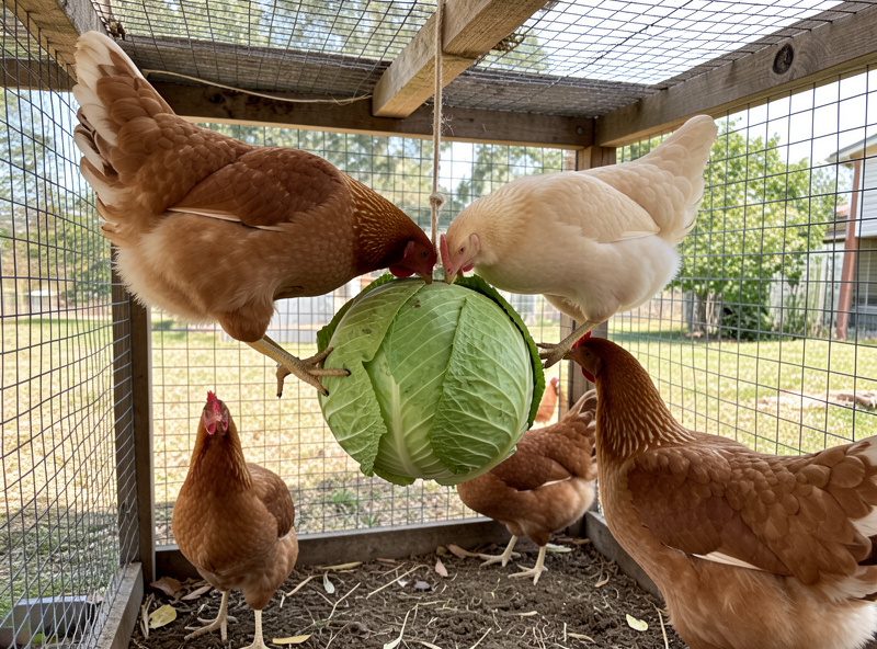 A cabbage hung in a chicken run as enrichment with hens pecking at it