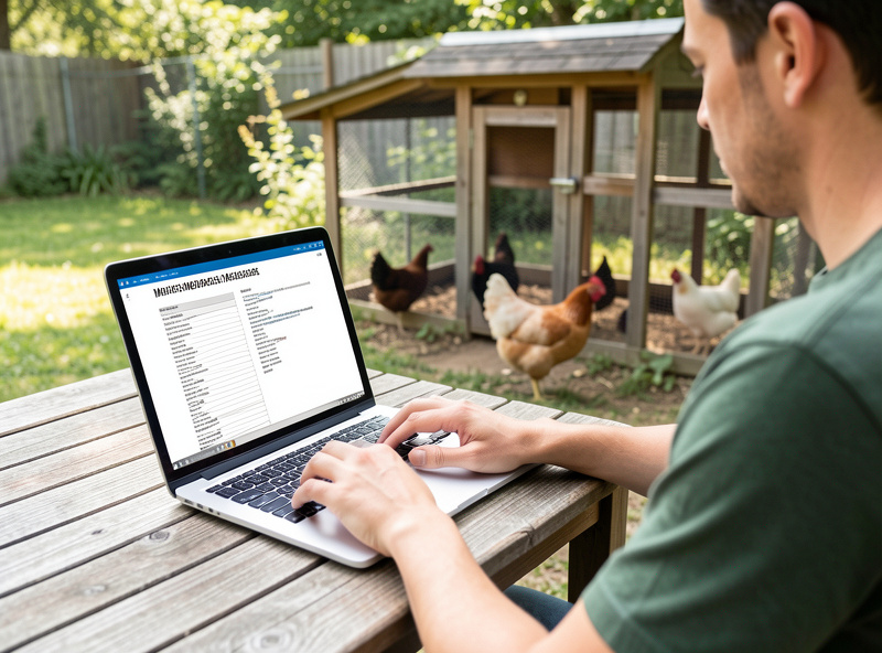 A person reading a municipal code document on a laptop beside a small backyard chicken coop