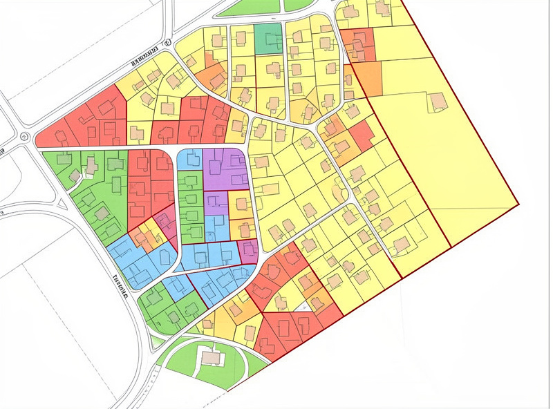 A zoning map of a residential neighborhood with colored districts marked