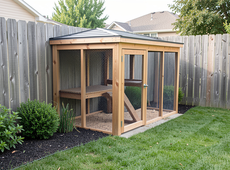 A compact predator-proofed chicken coop tucked against a fence in a small suburban backyard