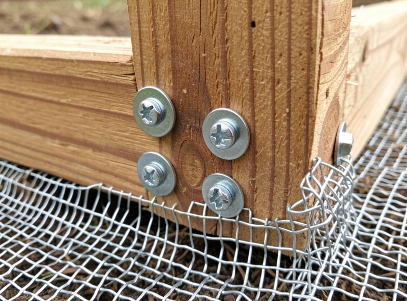 Half-inch hardware cloth stapled and washered to a wooden run frame with a buried dig apron