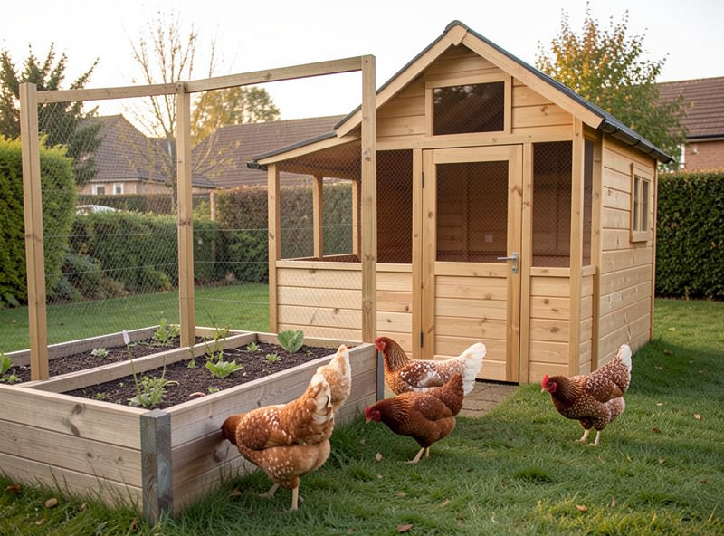 Backyard hens foraging beside a tidy compact coop screened by raised garden beds