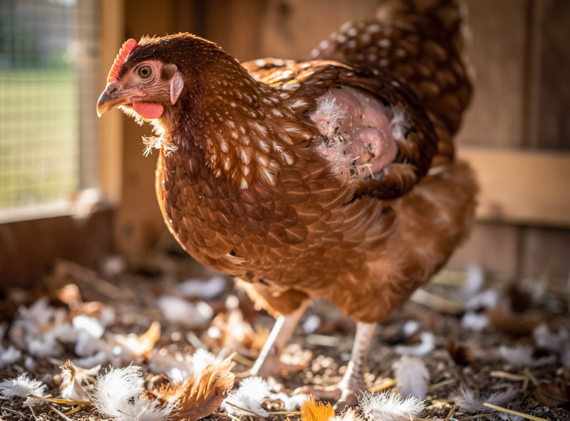 Hen mid-molt with feathers scattered across the coop floor and bare patches on her back