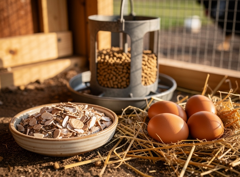 Free-choice crushed oyster shell in a separate dish beside layer feed and brown eggs