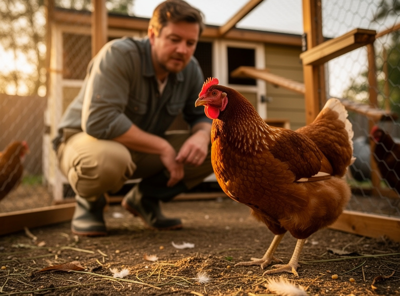 Keeper observing an alert healthy hen in the run while checking the flock