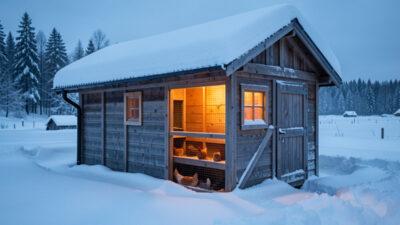 Insulated walk-in chicken coop in deep snow with ridge ventilation, winter cold-climate flock setup