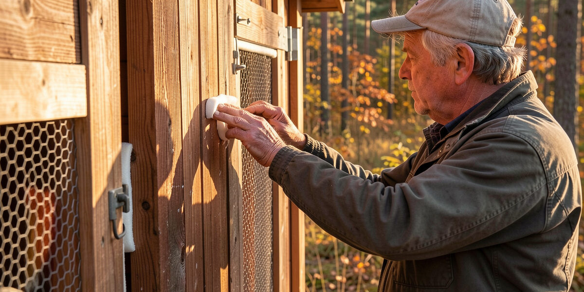 Keeper sealing roost-height drafts in a chicken coop during pre-frost winterizing in autumn