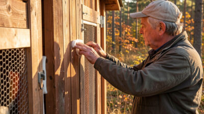 Keeper sealing roost-height drafts in a chicken coop during pre-frost winterizing in autumn