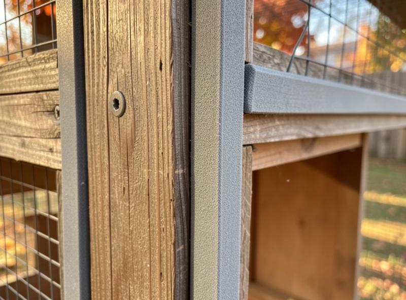 Chicken coop pop door showing foam weatherstripping seal around the frame in winter