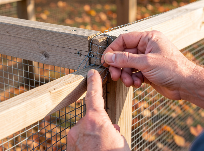 Close-up inspection of chicken coop hardware cloth corner seam in autumn, testing mesh tension