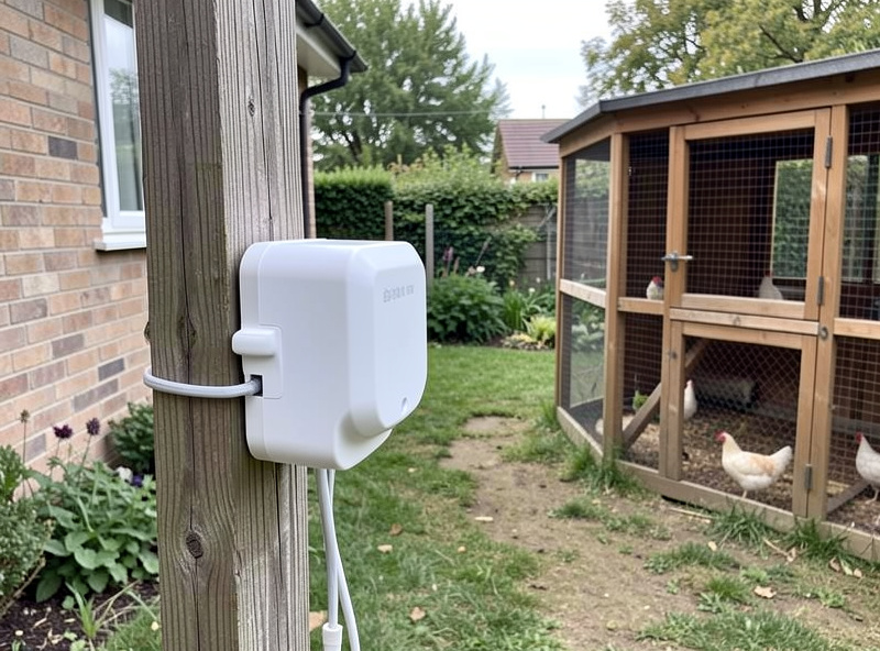 A mains-powered smart plug acting as a mesh repeater mounted on a post between a house and a coop